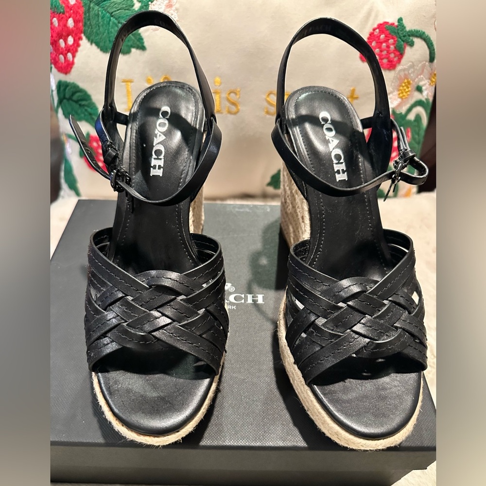 Coach Black Wedge Sandals with Ankle Strap